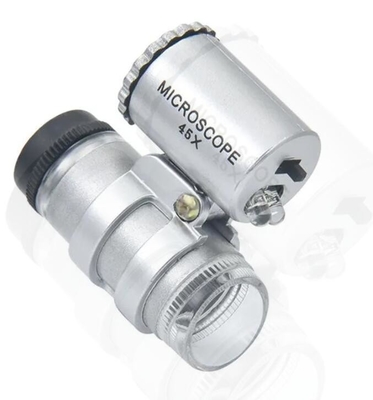 MG10081-4 Mini LED portátil 45x 60x Magnificación de bolsillo Joyería Lúpulas de vidrio Lente de plata Instrumento óptico de aumento proveedor